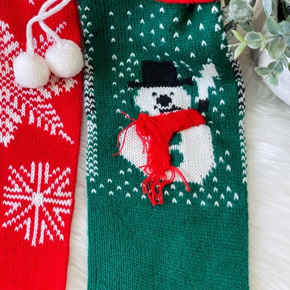 3/$25 Knit with Pom poms CHRISTMAS STOCKINGS set of 2 snowman snowflake HOLIDAY - Picture 4 of 6